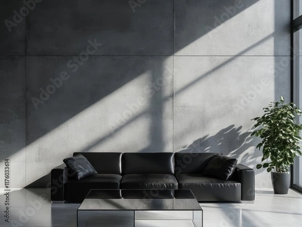 Fototapeta A black couch is in a room with a large window