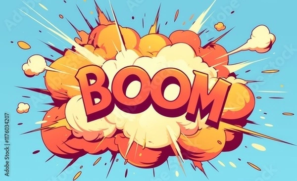 Obraz Comic Book Explosion with "BOOM" in Red Text Inside a Speech Bubble on White Background