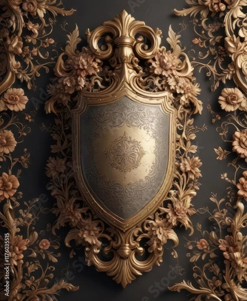 Fototapeta Elegant shield pattern with intricate floral design and calligraphic elements ,  calligraphic,  vintage