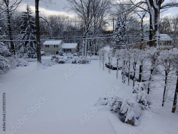 Fototapeta front yard and driveway covered with snow after the snow storm in February in New Jersey 