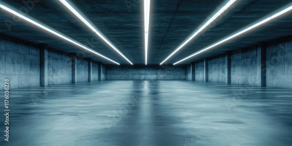 Fototapeta Empty interior of modern underground parking lot with many spaces. Large parking lot for residents of the residential complex, ergonomic and convenient