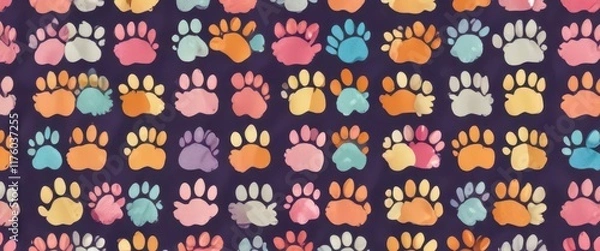 Fototapeta Colorful dog paw seamless pattern with cute puppy design,  isolated,  cartoon