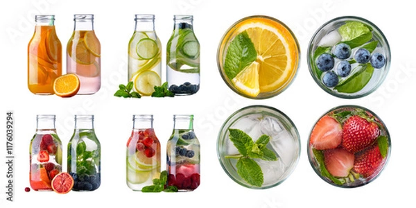 Fototapeta Refreshing Fruit Infused Water with Fresh Ingredients in Glass Bottles