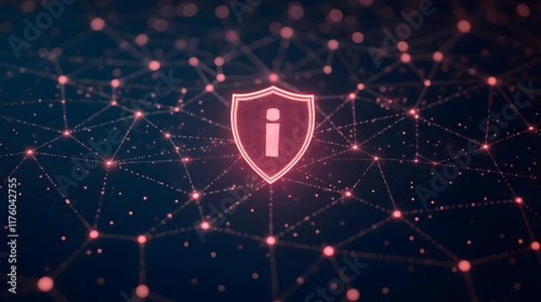 Fototapeta A glowing network of interconnected nodes and lines, with a large shield icon in the center