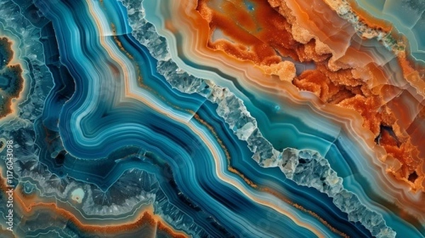 Fototapeta A mesmerizing close-up of agate stone layers with vivid blue, orange, and white hues, featuring intricate patterns, textures, and natural crystallized details