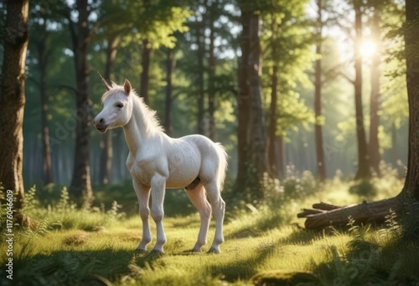 Fototapeta Playful unicorn foal frolicking in sunlit forest clearing,  playful,  wild