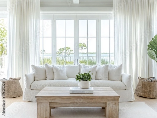 Fototapeta A white couch with white pillows sits in front of a coffee table