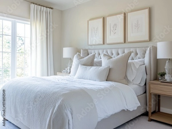 Fototapeta A white bed with a white comforter and pillows