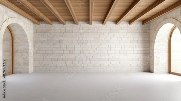Fototapeta Spacious interior with arched windows and wooden beams.
