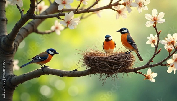 Fototapeta Birds nesting in tree branch with blooming flowers