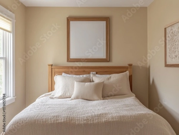 Fototapeta A bed with a white comforter and pillows