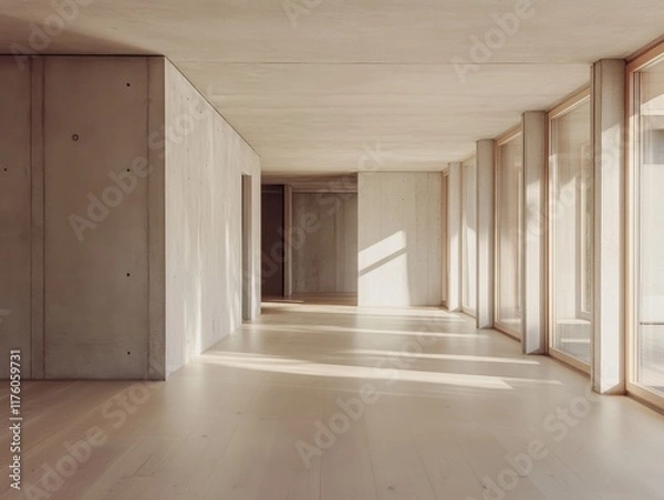 Fototapeta A long hallway with a white wall and a white floor