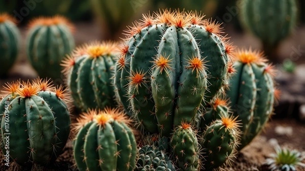 Fototapeta Close-up of a cluster of vibrant green cacti with orange-red thorns.