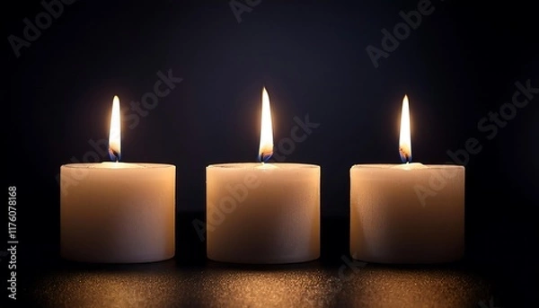 Fototapeta Three lit candles glow softly against a dark, contrasting background.