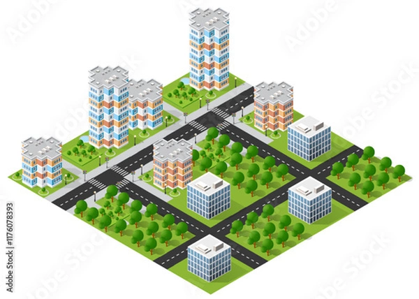 Fototapeta Isometric view of a modern city center with skyscrapers, roads, crosswalks, trees and green areas
