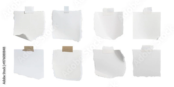 Fototapeta White torn paper notes with ripped edges and corners, set collection, mega bundle, isolated on transparent background
