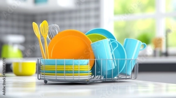 Fototapeta A dish rack with colorful plates and utensils drying in a kitchen.