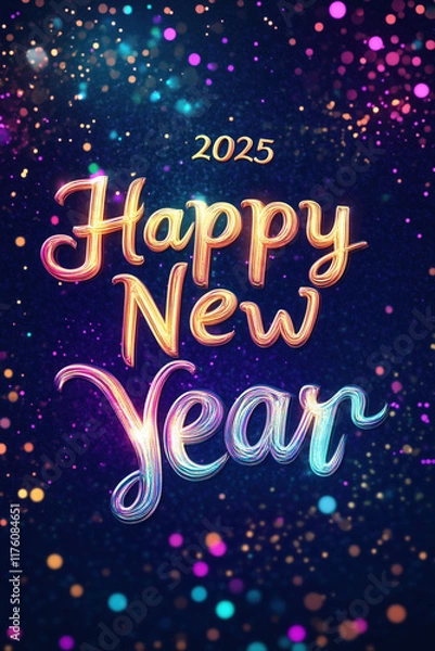 Fototapeta 3D '2025' Glowing Text with Colorful Light Effect, Glitter, and Bokeh Effects for New Year Celebration, Happy New Year Concept, Flat Lay Banner in Cartoon Style, 8K Hyperrealistic Illustration