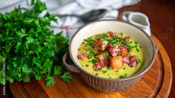 Fototapeta A comforting bowl of creamy pea soup topped with bacon, croutons, and fresh parsley.