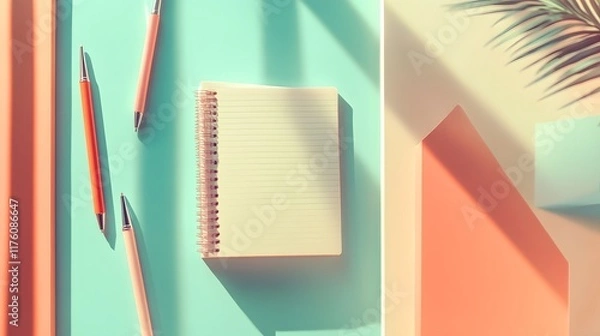Fototapeta Blank Notepad With Pens And Pastel Background