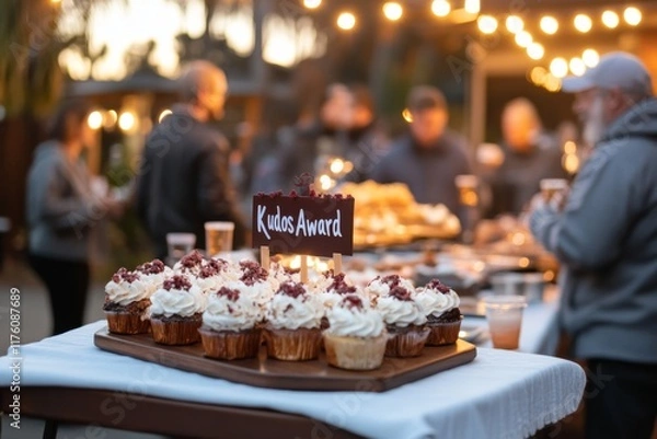 Fototapeta A tech company celebration where a developer is recognized with a â€œKudos Awardâ€ during a fun outdoor event