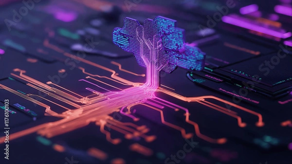 Obraz Glowing neural circuit tree on futuristic processor, Advanced artificial intelligence technology concept