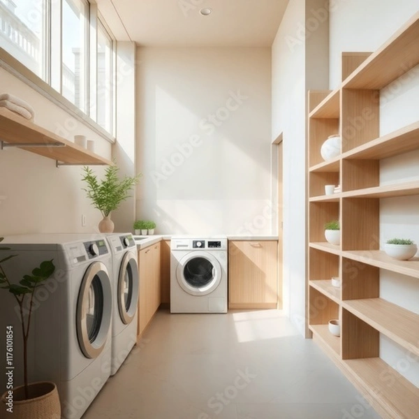 Fototapeta a spacious and well-designed laundry room that combines functionality with a modern aesthetic. Washer and Dryer. Benchtop. Cabinetry. Natural Light. Basin. Color Scheme. Flooring. 

