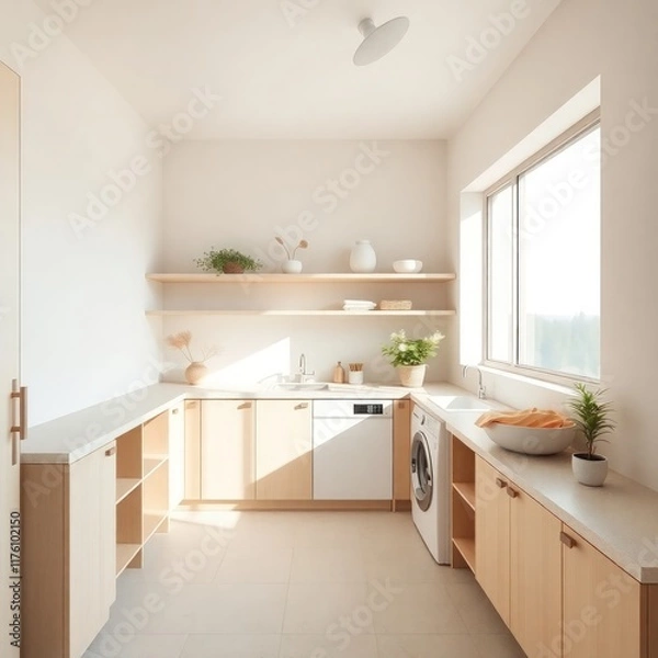 Fototapeta a modern and minimalist kitchen characterized by clean lines and a bright, airy atmosphere. Cabinetry.  Countertop. Sink Area. Appliances. Natural Light. Flooring. Greenery.
