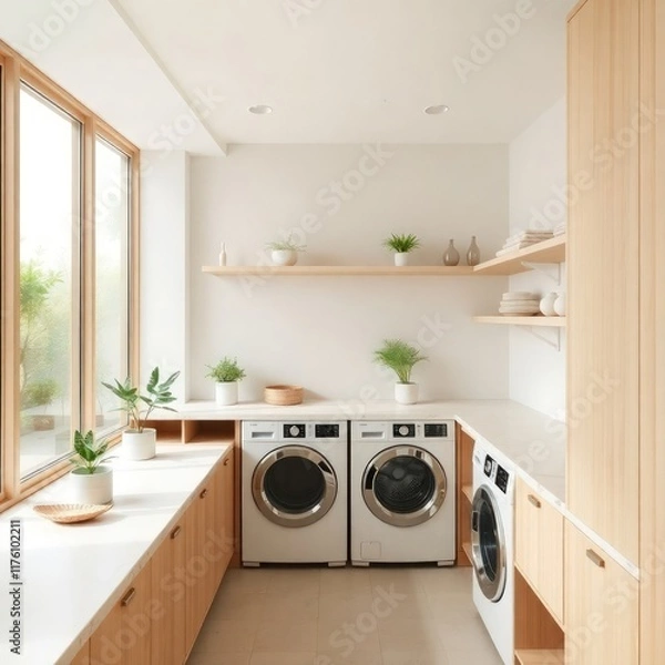 Fototapeta a spacious and well-designed laundry room that combines functionality with a modern aesthetic. Washer and Dryer. Benchtop. Cabinetry. Natural Light. Basin. Color Scheme. Flooring. 

