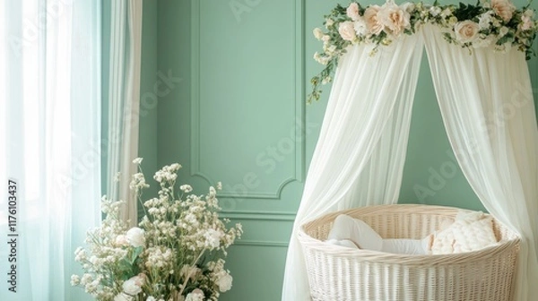 Fototapeta A serene nursery with a white wicker canopy bassinet, adorned with floral decor and soft pastel green walls creating a calming atmosphere.
