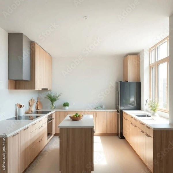 Fototapeta A modern and minimalist kitchen characterized by clean lines and a bright, airy atmosphere. Cabinetry.  Countertop. Sink Area. Appliances. Natural Light. Flooring. Greenery.
