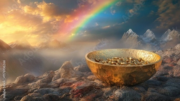 Fototapeta A treasure-filled golden bowl on a rocky terrain, with a stunning rainbow sky in the background, creating a mystical and opulent scene.