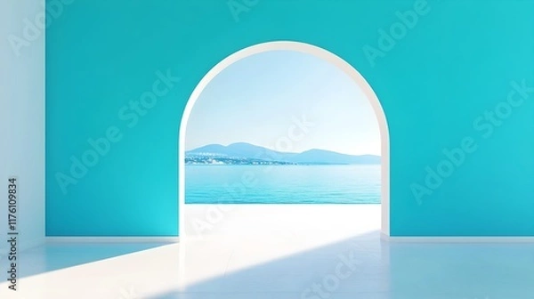Fototapeta 3D render of a minimal interior design of an empty living room with a blue wall, white floor, and an arched entrance leading to a sea view terrace. It's a bright, sunny day. Close-up view. 
