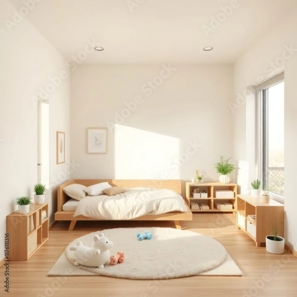 Fototapeta a bright and cozy nursery designed with a minimalist aesthetic. Bed. Flooring. Windows. Decor. Furniture. Soft Toys. Lighting. Shadows. 