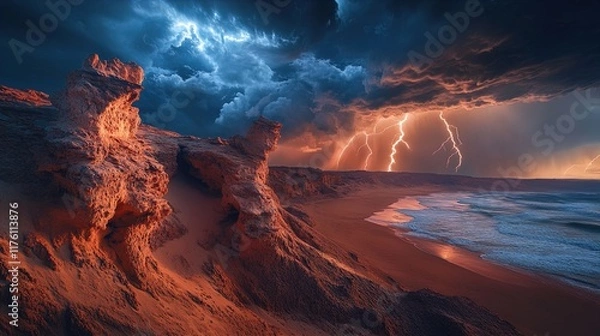Fototapeta Dramatic coastal landscape featuring rugged rock formations illuminated by the warm glow of sunset, contrasting against a dark, stormy sky filled with ominous clouds and streaks of lightning. The scen