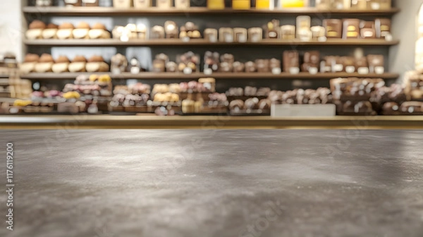 Fototapeta Grey Countertop with Blurred Bakery and Chocolate Display