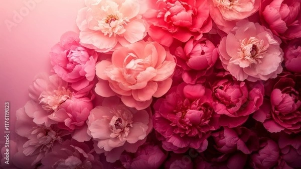 Fototapeta Pink and Red Peonies Blooming in a Gradient Pattern