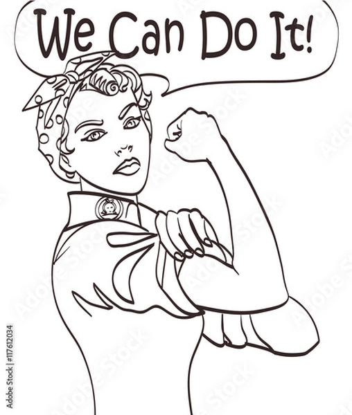 Fototapeta We Can Do It. Cool vector iconic woman's fist symbol of female power and industry. cartoon woman with can do attitude. Isolated lineart eps 10