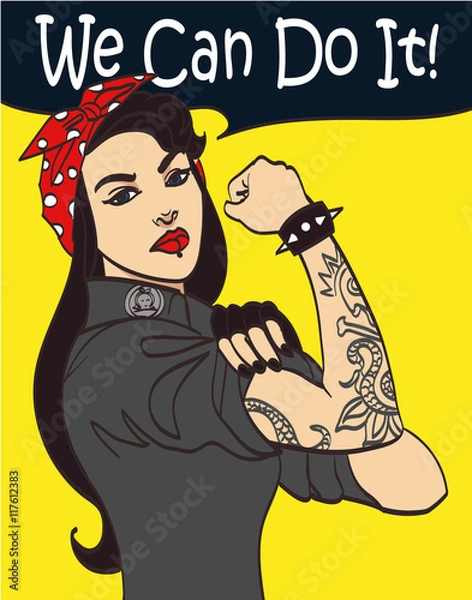 Fototapeta Cool nice drawn vector subculture punk gothic woman with signature we can do it. In layers, eps 10