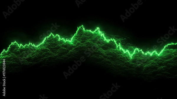Obraz Glowing green data visualization wave on black background, financial market analysis trading view chart concept
