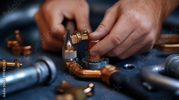 Fototapeta Close-up of hands tightening a copper pipe fitting.  Plumber assembling plumbing components.  Tools and materials scattered around the work area.