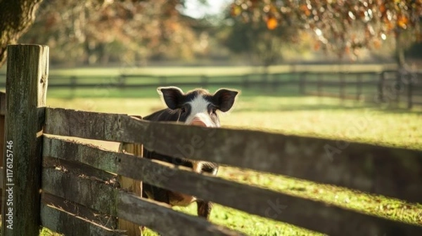 Obraz A pig’s snout poking through wooden fencing, playful and charming scene 