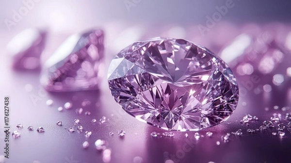 Fototapeta Sparkling pink diamonds on purple surface.