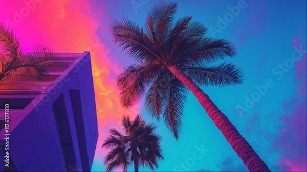 Obraz Synthwave palm trees silhouette against neon sky, retro Miami vaporwave aesthetic