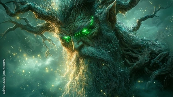 Fototapeta weathered tree man stands in dark moody environment his bark cracking reveal vibrant green energy. Twilight casts eerie glow as mist swirls around enhancing mystical presence.