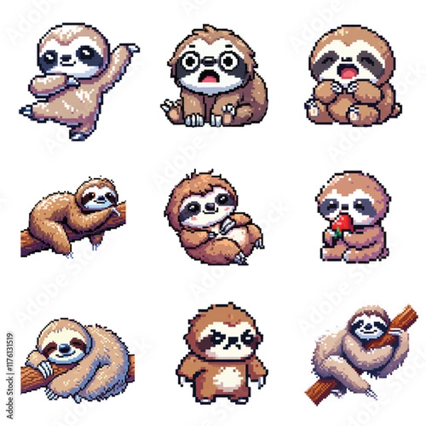 Fototapeta set collection cute sloth pixel art