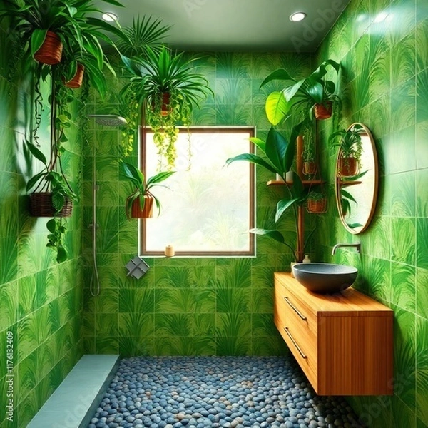 Fototapeta a beautiful and tranquil bathroom designed with a strong emphasis on nature. Bathtub. Wall Design. Sink Area. Lighting. Flooring. Plants. Natural Light.


