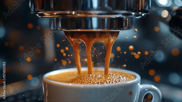 Obraz Professional espresso coffee brewing with droplets, Gourmet barista concept