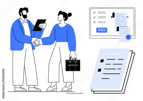 Fototapeta Professional handshake between two businesspeople, payment confirmation on a screen, and document review. Ideal for business agreements, professional partnerships, financial transactions, business