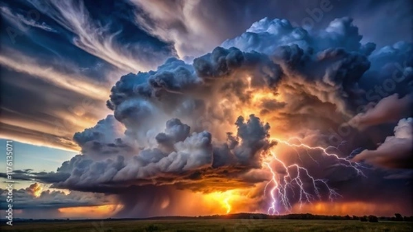 Fototapeta A majestic stormy cloud formation rises above a dark grey black background with vibrant lightning illuminating the sky at dusk, thunderstorm, clouds
